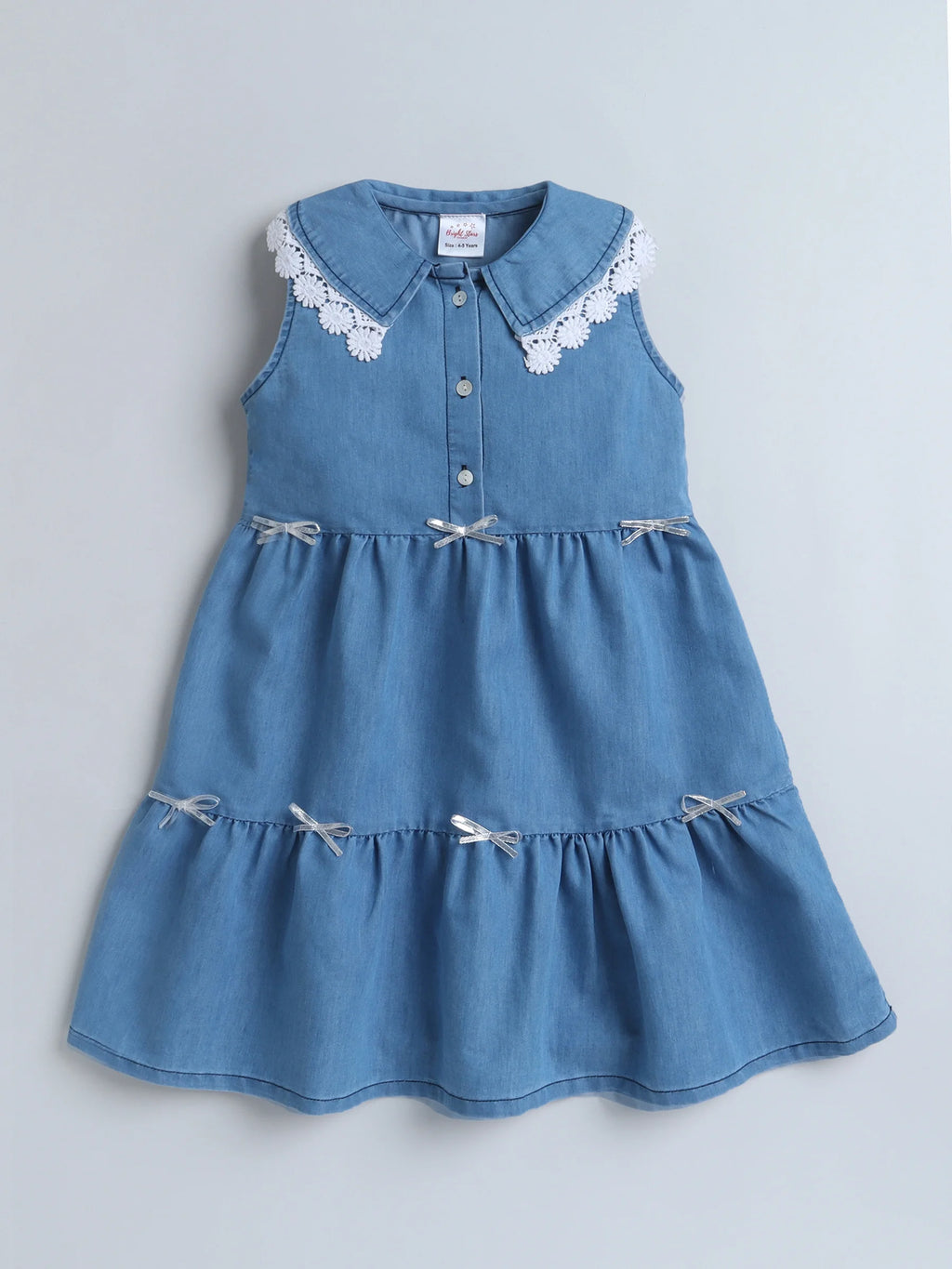 Girls Sleeveless Denim Dress with Lace Trim Collar and Cute Bow Accents