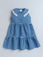 Girls Sleeveless Denim Dress with Lace Trim Collar and Cute Bow Accents