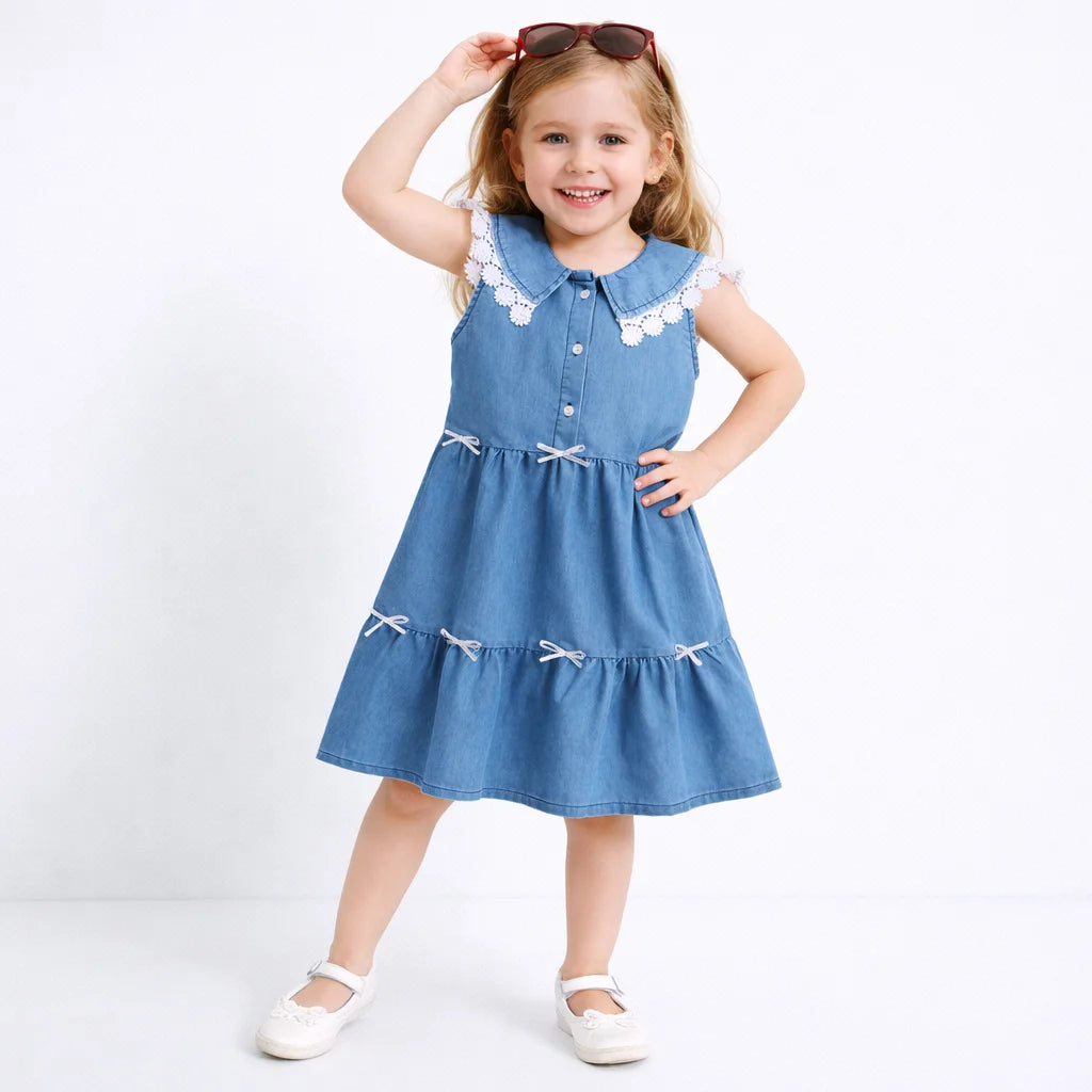 Girls Sleeveless Denim Dress with Lace Trim Collar and Cute Bow Accents