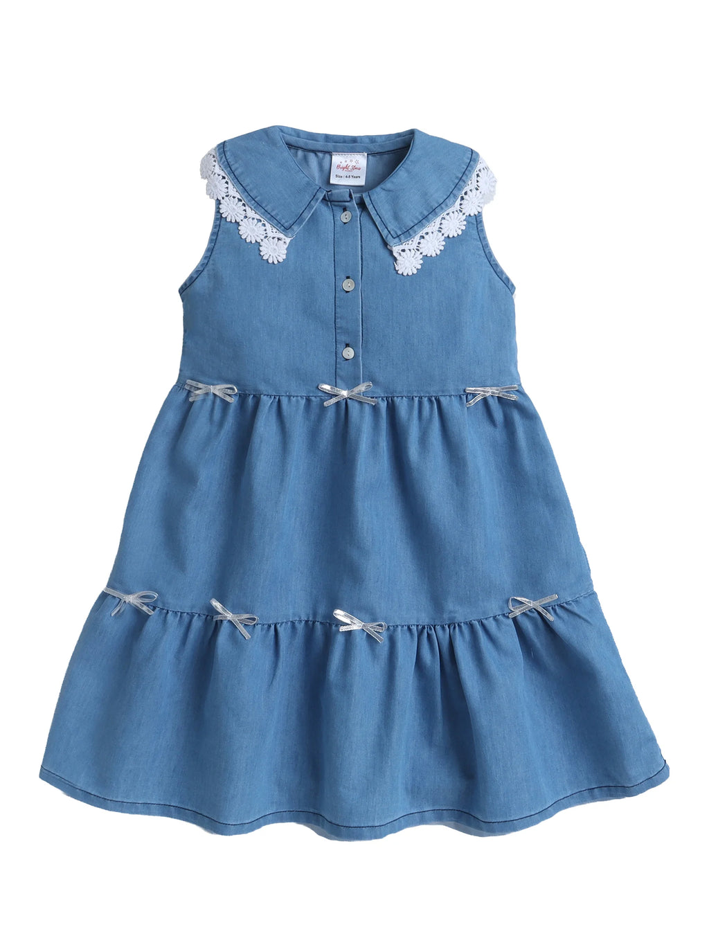 Girls Sleeveless Denim Dress with Lace Trim Collar and Cute Bow Accents