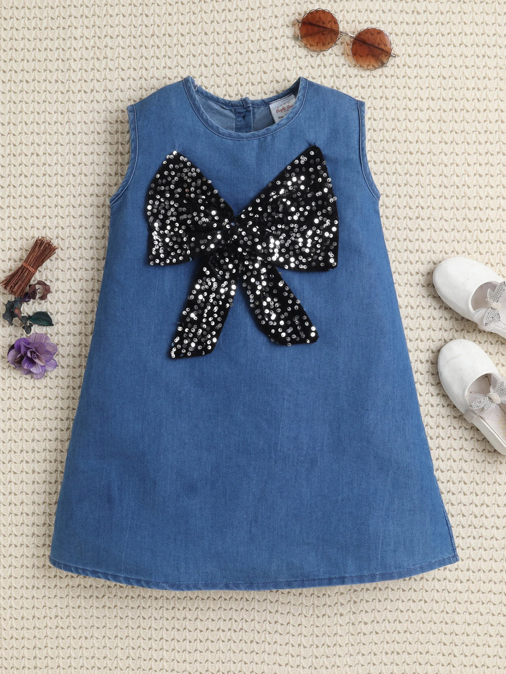 Bright Stars KIDSWEAR Denim Big Sequins Bow A-Line Dress - Blue