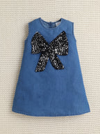 Bright Stars KIDSWEAR Denim Big Sequins Bow A-Line Dress - Blue