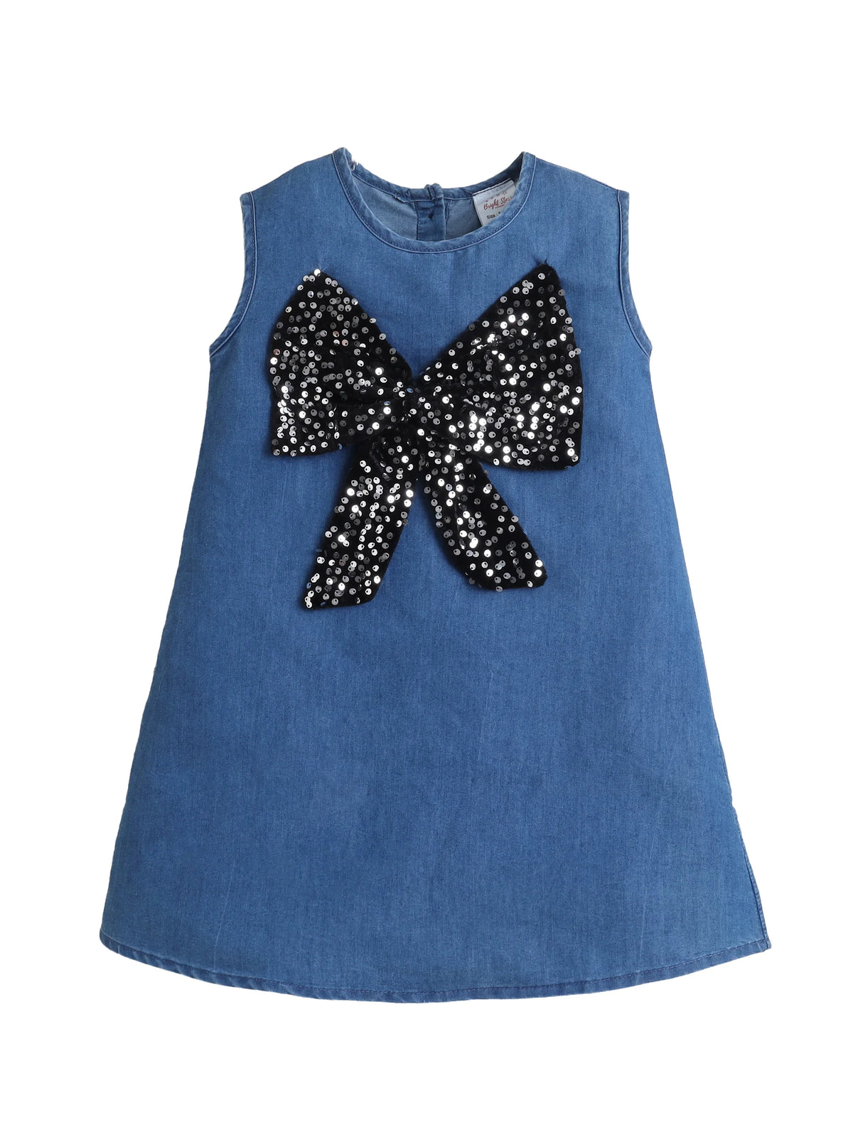 Bright Stars KIDSWEAR Denim Big Sequins Bow A-Line Dress - Blue