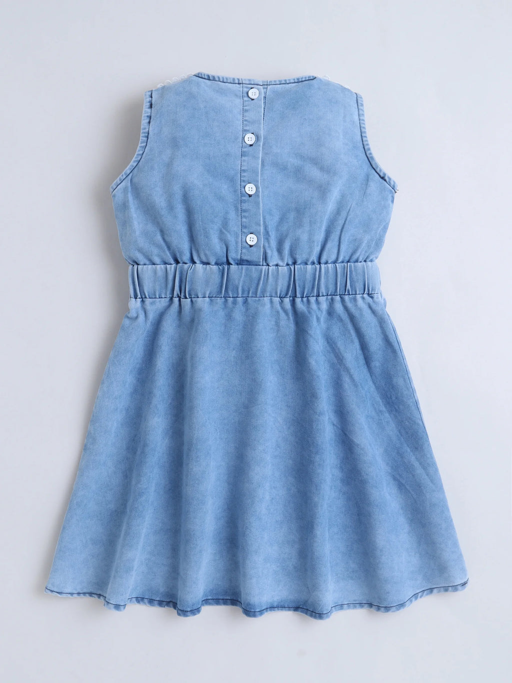 Bright Stars KIDSWEAR Light Weight Washed Denim Lace Detailing Front Knot Up Dress - Blue
