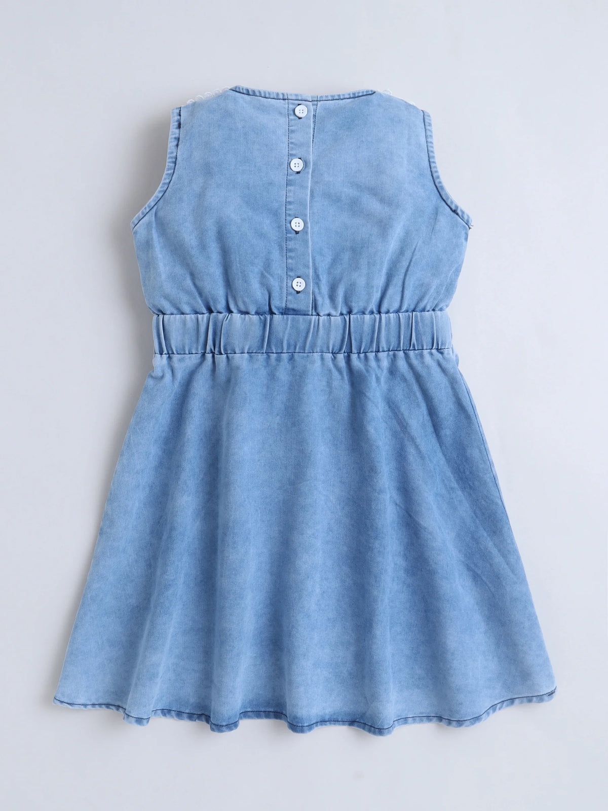 Bright Stars KIDSWEAR Light Weight Washed Denim Lace Detailing Front Knot Up Dress - Blue