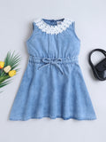 Bright Stars KIDSWEAR Light Weight Washed Denim Lace Detailing Front Knot Up Dress - Blue