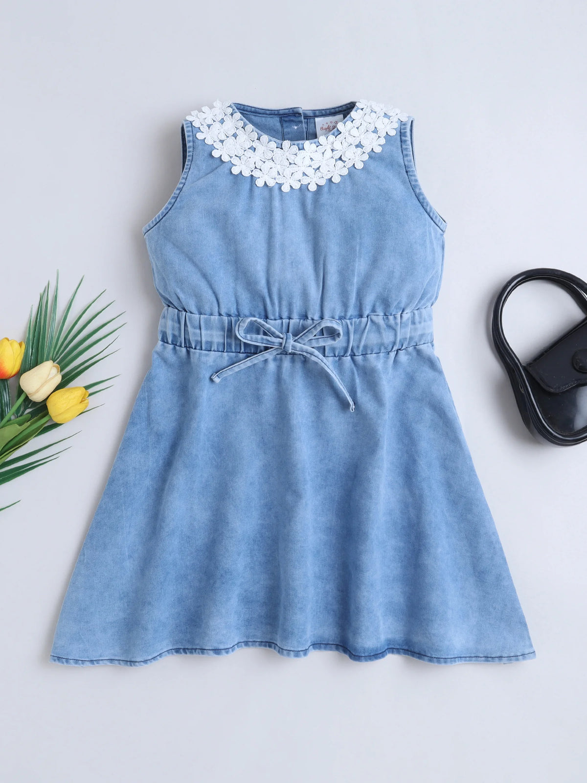 Bright Stars KIDSWEAR Light Weight Washed Denim Lace Detailing Front Knot Up Dress - Blue