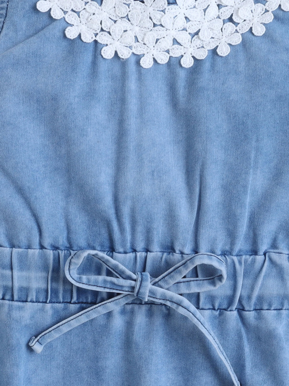Bright Stars KIDSWEAR Light Weight Washed Denim Lace Detailing Front Knot Up Dress - Blue