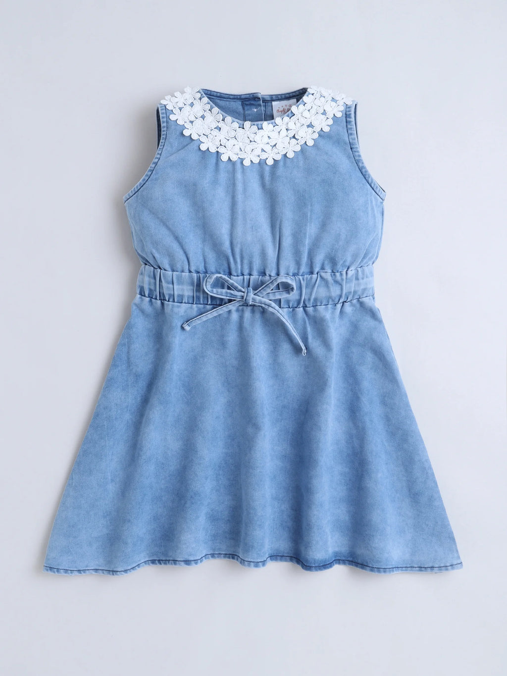 Bright Stars KIDSWEAR Light Weight Washed Denim Lace Detailing Front Knot Up Dress - Blue