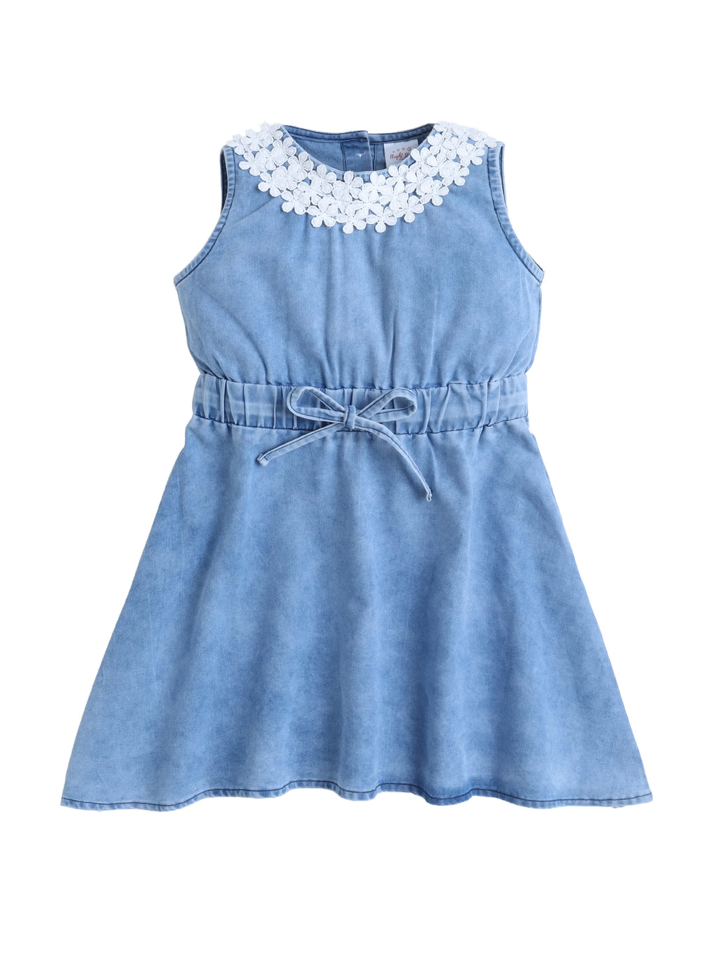 Bright Stars KIDSWEAR Light Weight Washed Denim Lace Detailing Front Knot Up Dress - Blue