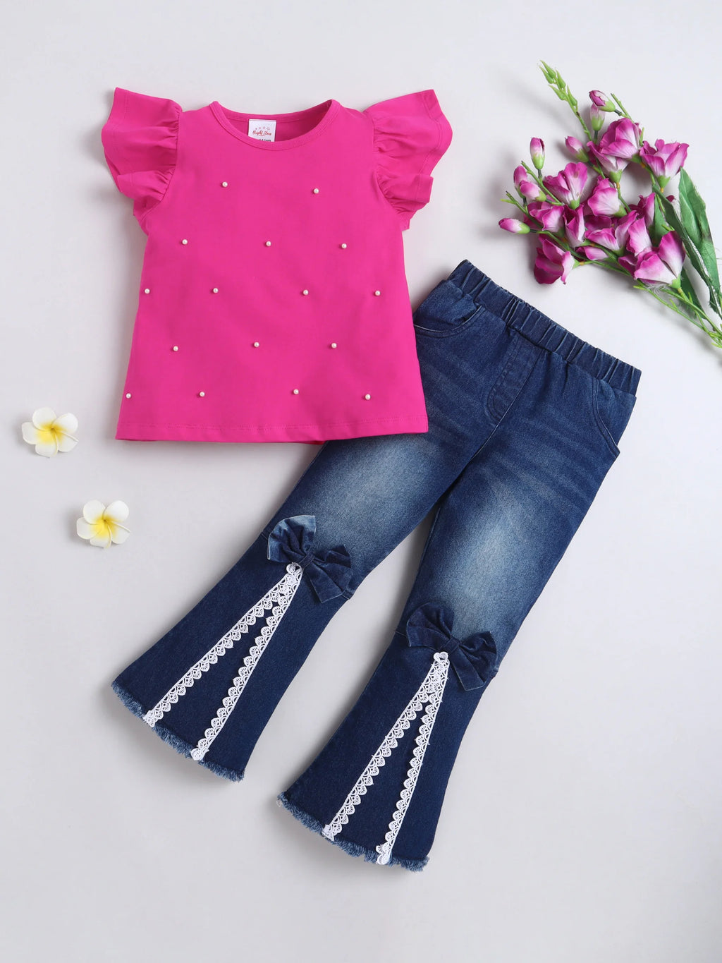 Girls Top & Denim Jeans Co-ord Set, Beaded Top with Lace Flared Jeans Clothing Set