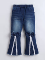Girls Top & Denim Jeans Co-ord Set, Beaded Top with Lace Flared Jeans Clothing Set
