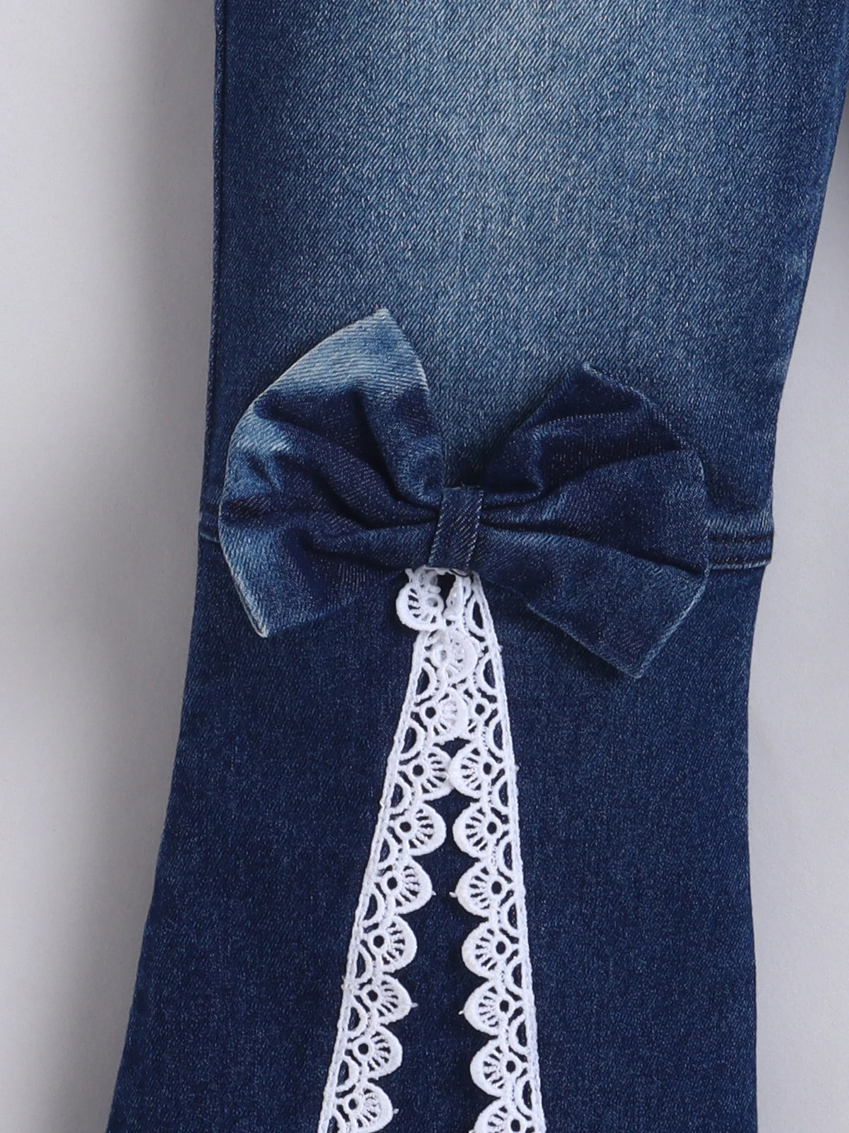 Girls Top & Denim Jeans Co-ord Set, Beaded Top with Lace Flared Jeans Clothing Set