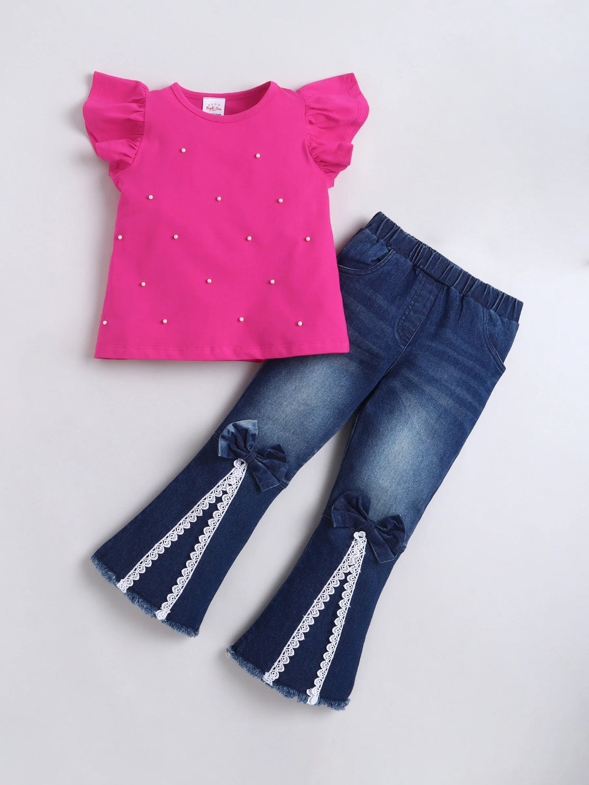 Girls Top & Denim Jeans Co-ord Set, Beaded Top with Lace Flared Jeans Clothing Set