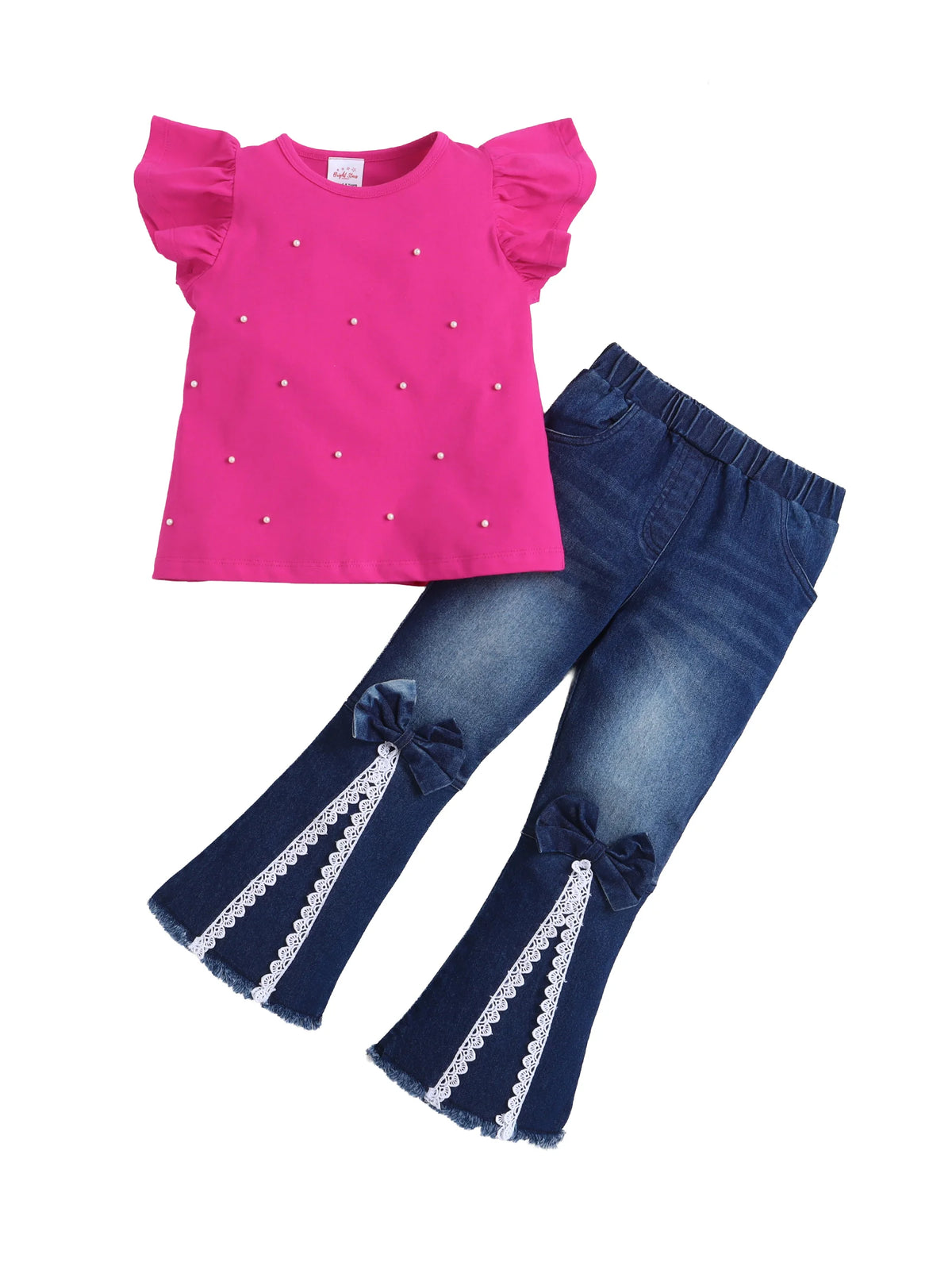 Girls Top & Denim Jeans Co-ord Set, Beaded Top with Lace Flared Jeans Clothing Set
