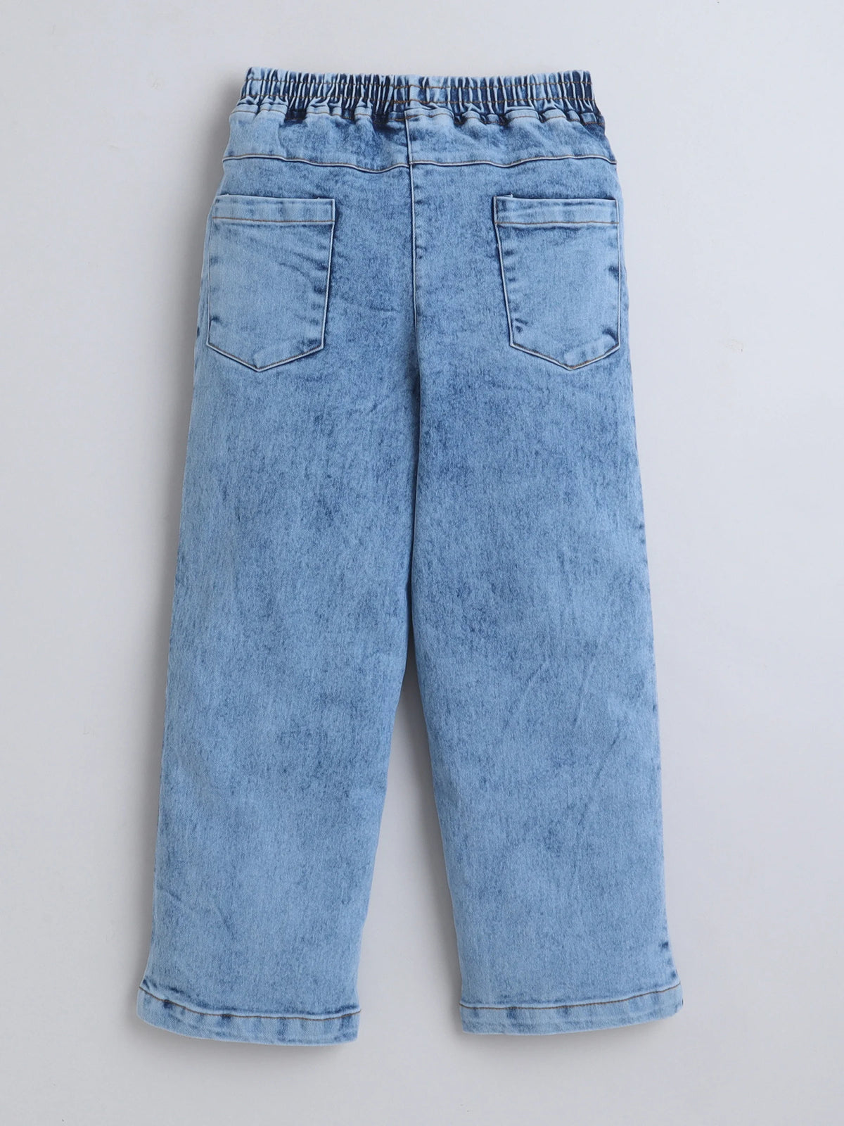 Girls Woven Cotton Blend Denim Jeans with Graphic Embroidery & Elasticated Waist ‚Äì Blue