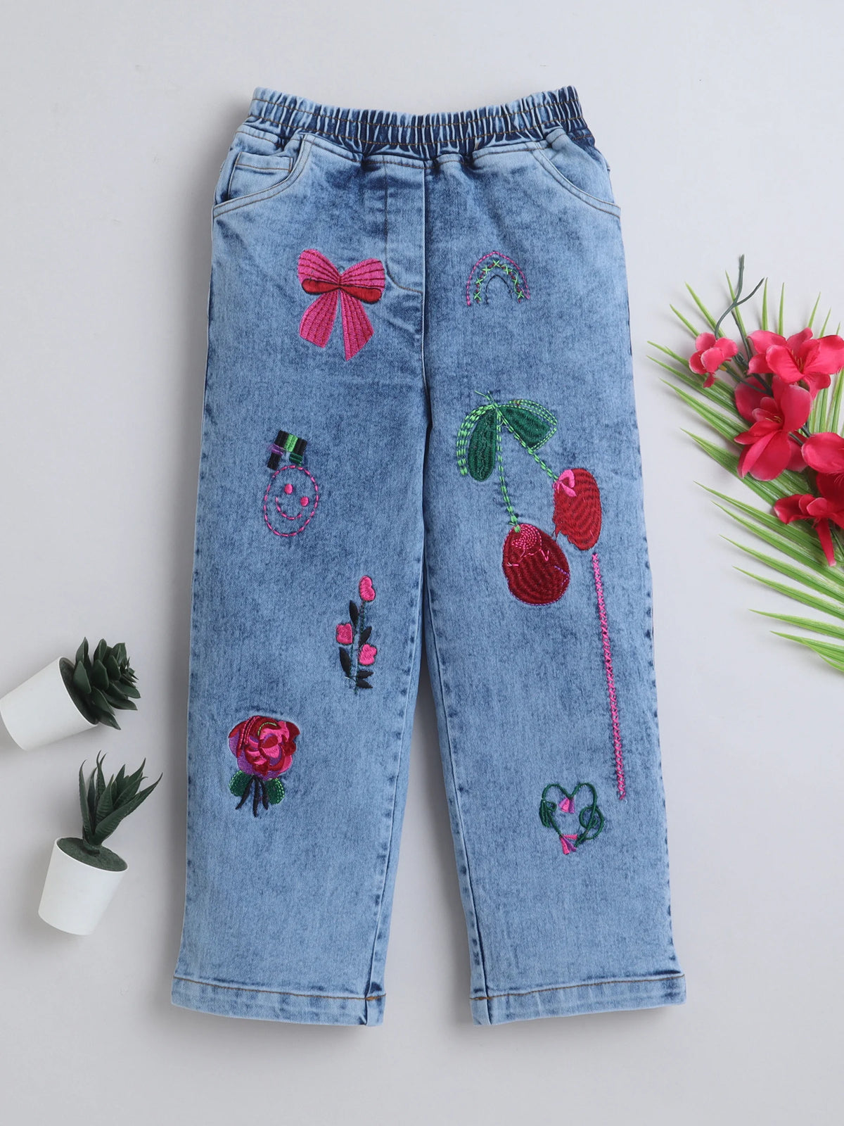 Girls Woven Cotton Blend Denim Jeans with Graphic Embroidery & Elasticated Waist ‚Äì Blue