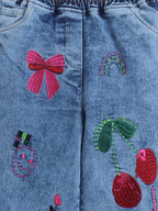 Girls Woven Cotton Blend Denim Jeans with Graphic Embroidery & Elasticated Waist ‚Äì Blue