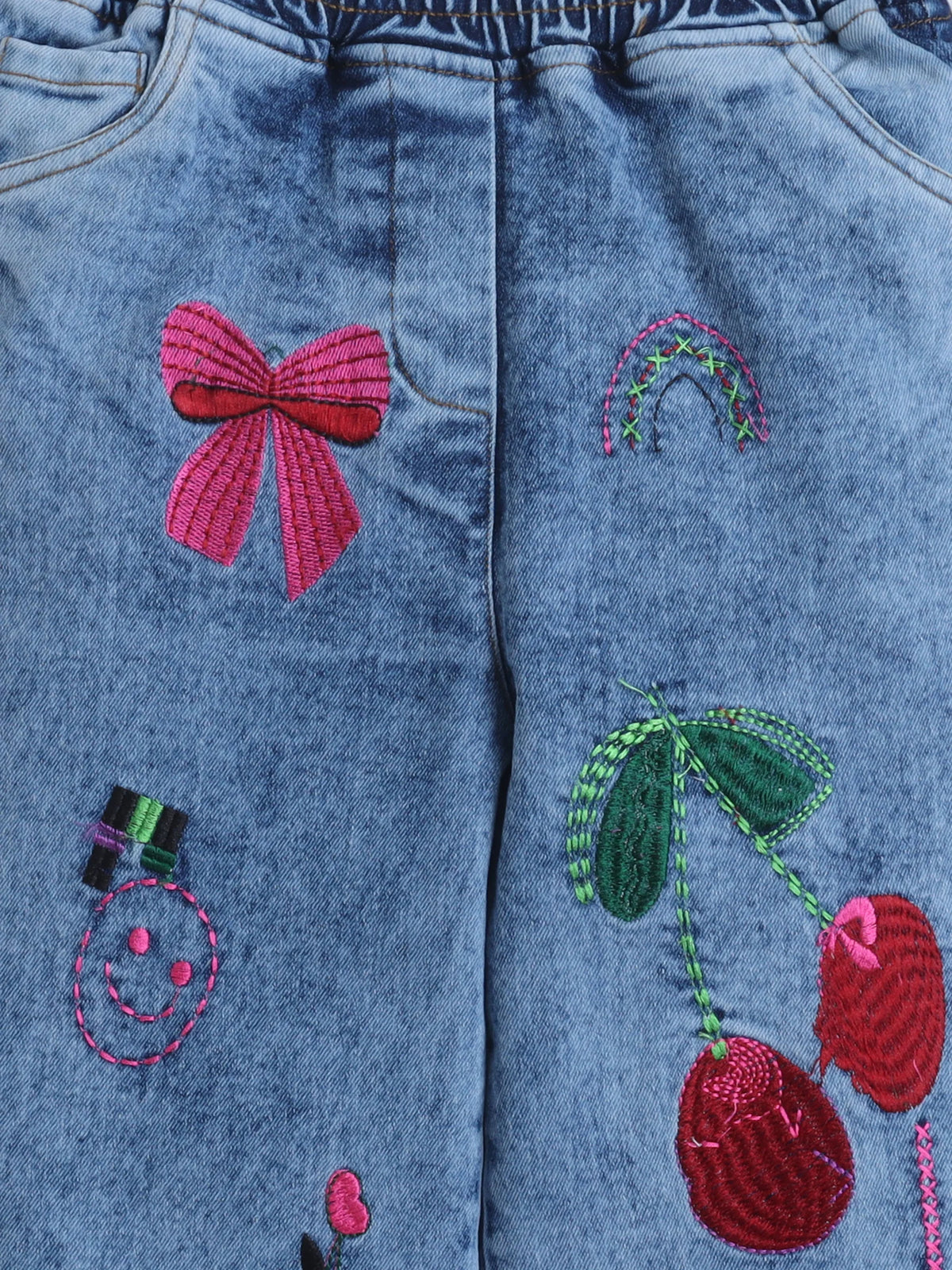 Girls Woven Cotton Blend Denim Jeans with Graphic Embroidery & Elasticated Waist ‚Äì Blue