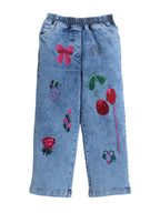 Girls Woven Cotton Blend Denim Jeans with Graphic Embroidery & Elasticated Waist ‚Äì Blue