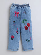 Girls Woven Cotton Blend Denim Jeans with Graphic Embroidery & Elasticated Waist ‚Äì Blue