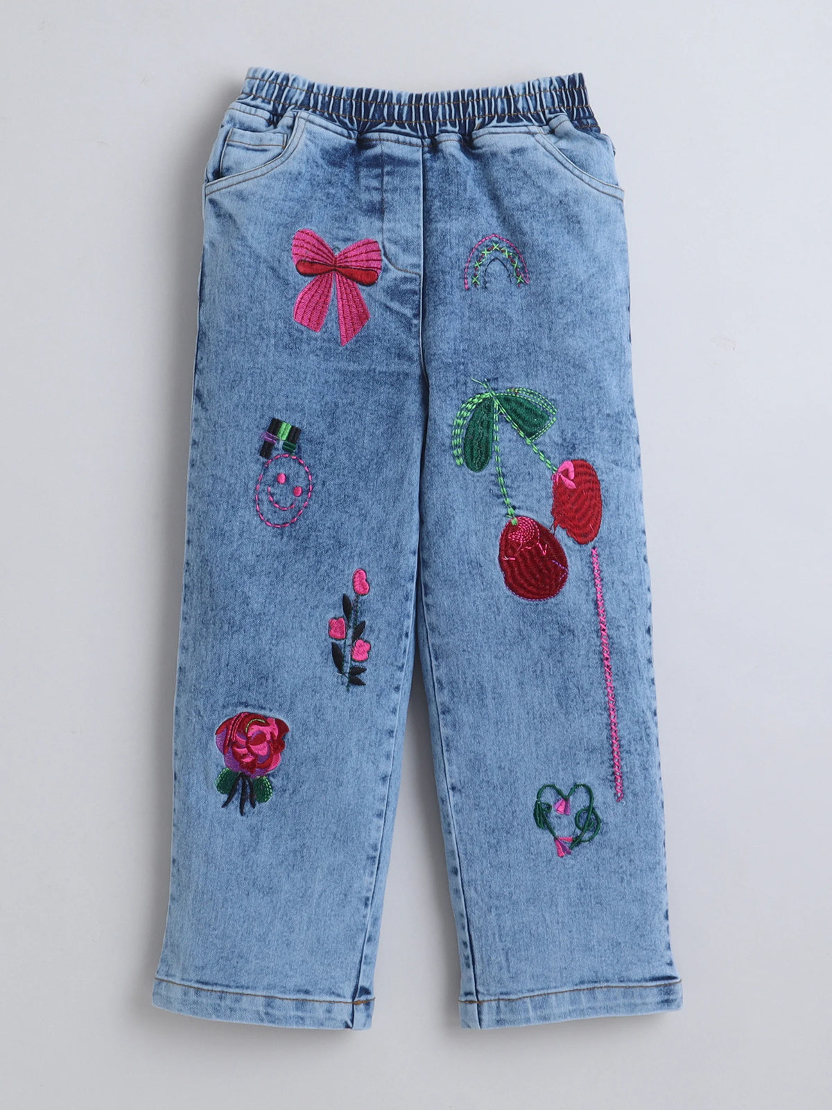 Girls Woven Cotton Blend Denim Jeans with Graphic Embroidery & Elasticated Waist ‚Äì Blue