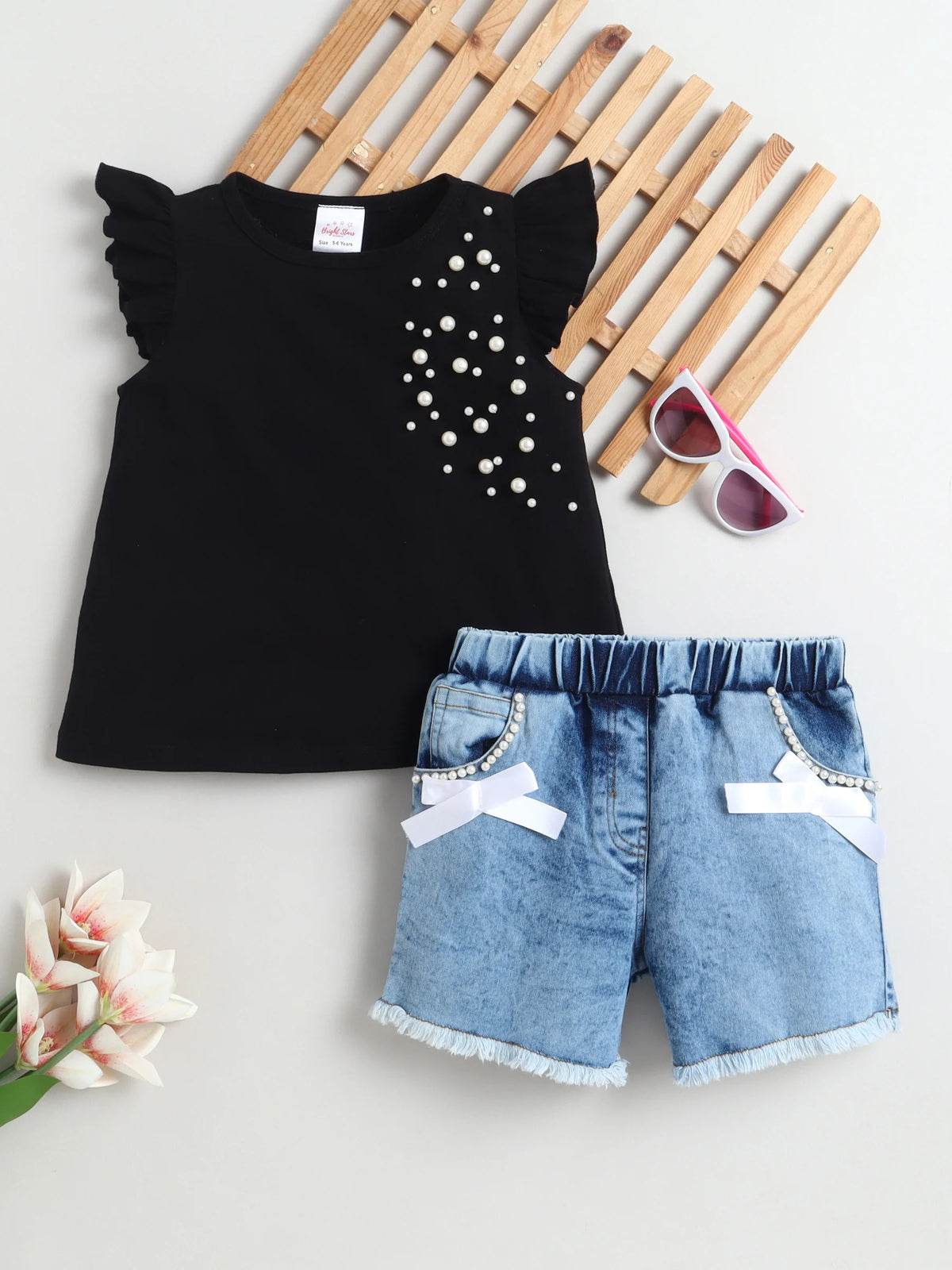 Girls Cotton Co-ord Set Ruffle Sleeve Top & Denim Fray Shorts Clothing Set, Stylish Casual Outfit