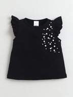Girls Cotton Co-ord Set Ruffle Sleeve Top & Denim Fray Shorts Clothing Set, Stylish Casual Outfit