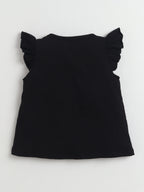 Girls Cotton Co-ord Set Ruffle Sleeve Top & Denim Fray Shorts Clothing Set, Stylish Casual Outfit