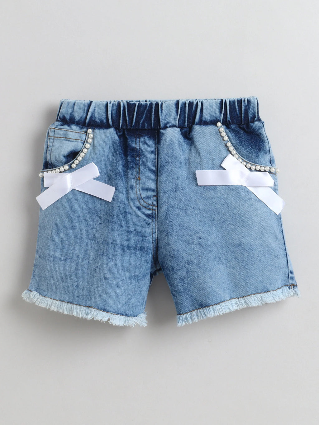 Girls Cotton Co-ord Set Ruffle Sleeve Top & Denim Fray Shorts Clothing Set, Stylish Casual Outfit