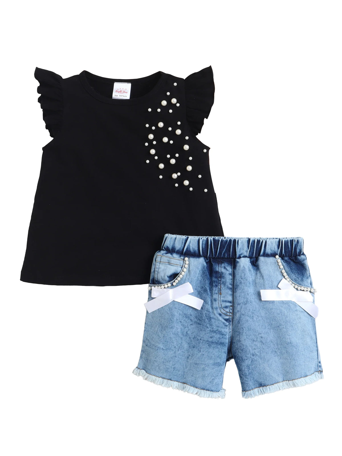 Girls Cotton Co-ord Set Ruffle Sleeve Top & Denim Fray Shorts Clothing Set, Stylish Casual Outfit