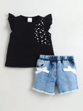 Girls Cotton Co-ord Set Ruffle Sleeve Top & Denim Fray Shorts Clothing Set, Stylish Casual Outfit