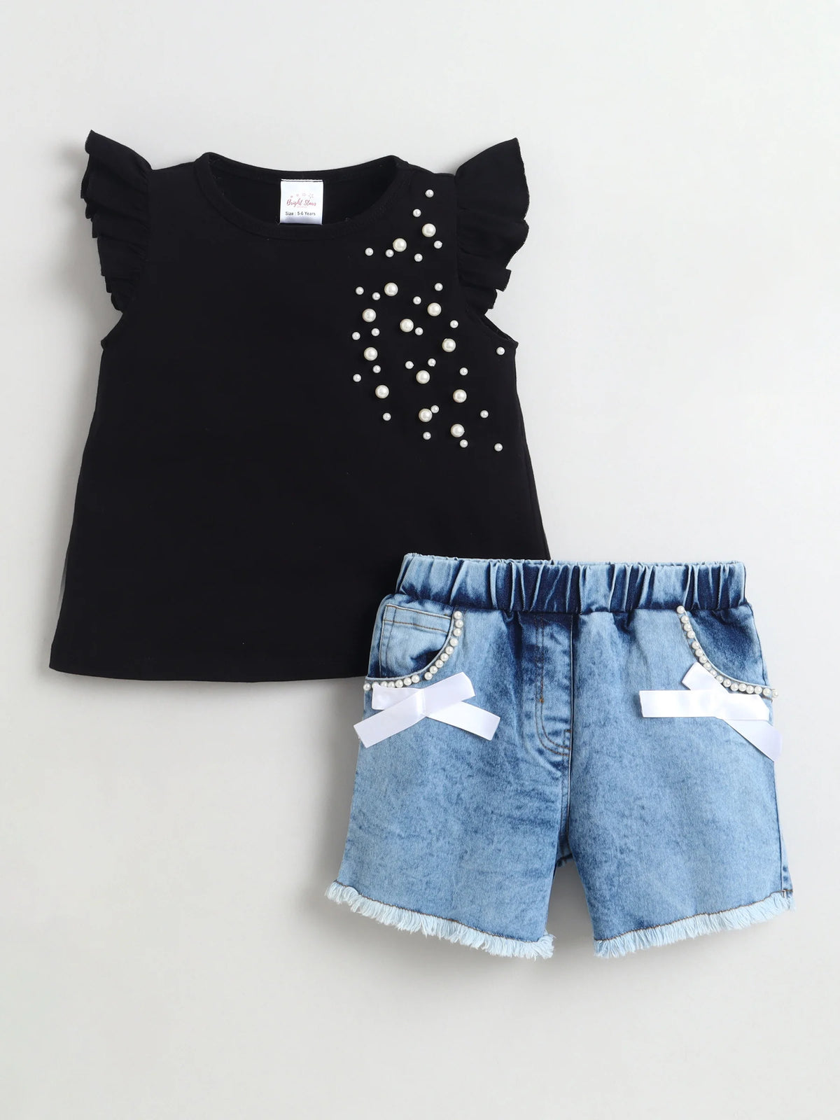 Girls Cotton Co-ord Set Ruffle Sleeve Top & Denim Fray Shorts Clothing Set, Stylish Casual Outfit