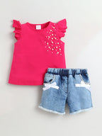Girls Cotton Co-ord Set Ruffle Sleeve Top & Denim Fray Shorts Clothing Set, Stylish Casual Outfit