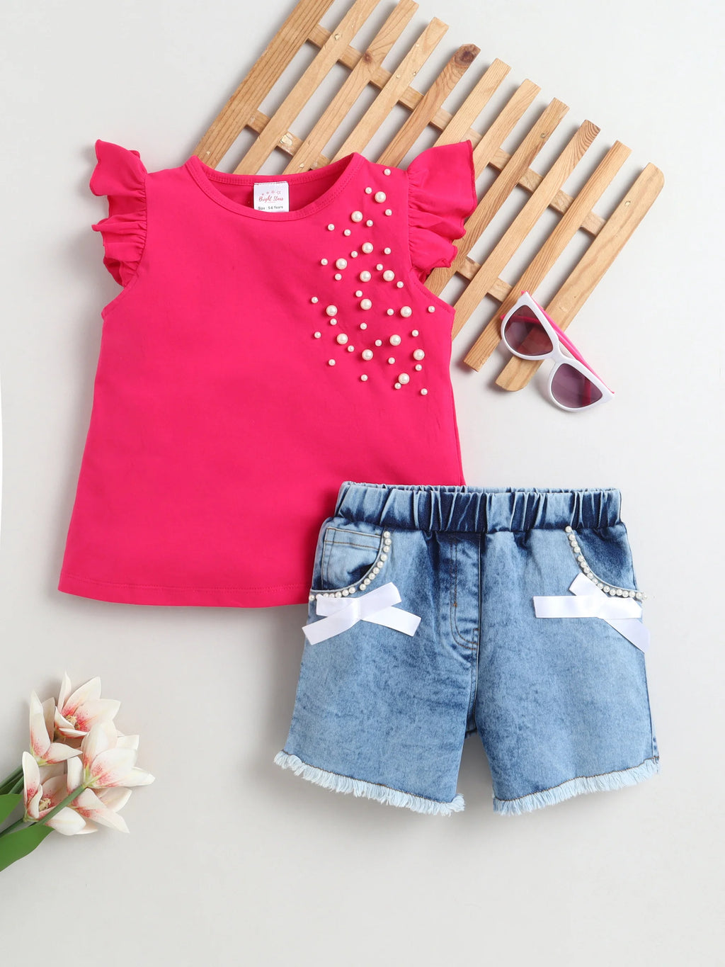 Girls Cotton Co-ord Set Ruffle Sleeve Top & Denim Fray Shorts Clothing Set, Stylish Casual Outfit