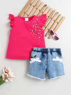Girls Cotton Co-ord Set Ruffle Sleeve Top & Denim Fray Shorts Clothing Set, Stylish Casual Outfit