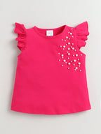 Girls Cotton Co-ord Set Ruffle Sleeve Top & Denim Fray Shorts Clothing Set, Stylish Casual Outfit