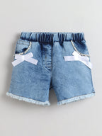 Girls Cotton Co-ord Set Ruffle Sleeve Top & Denim Fray Shorts Clothing Set, Stylish Casual Outfit