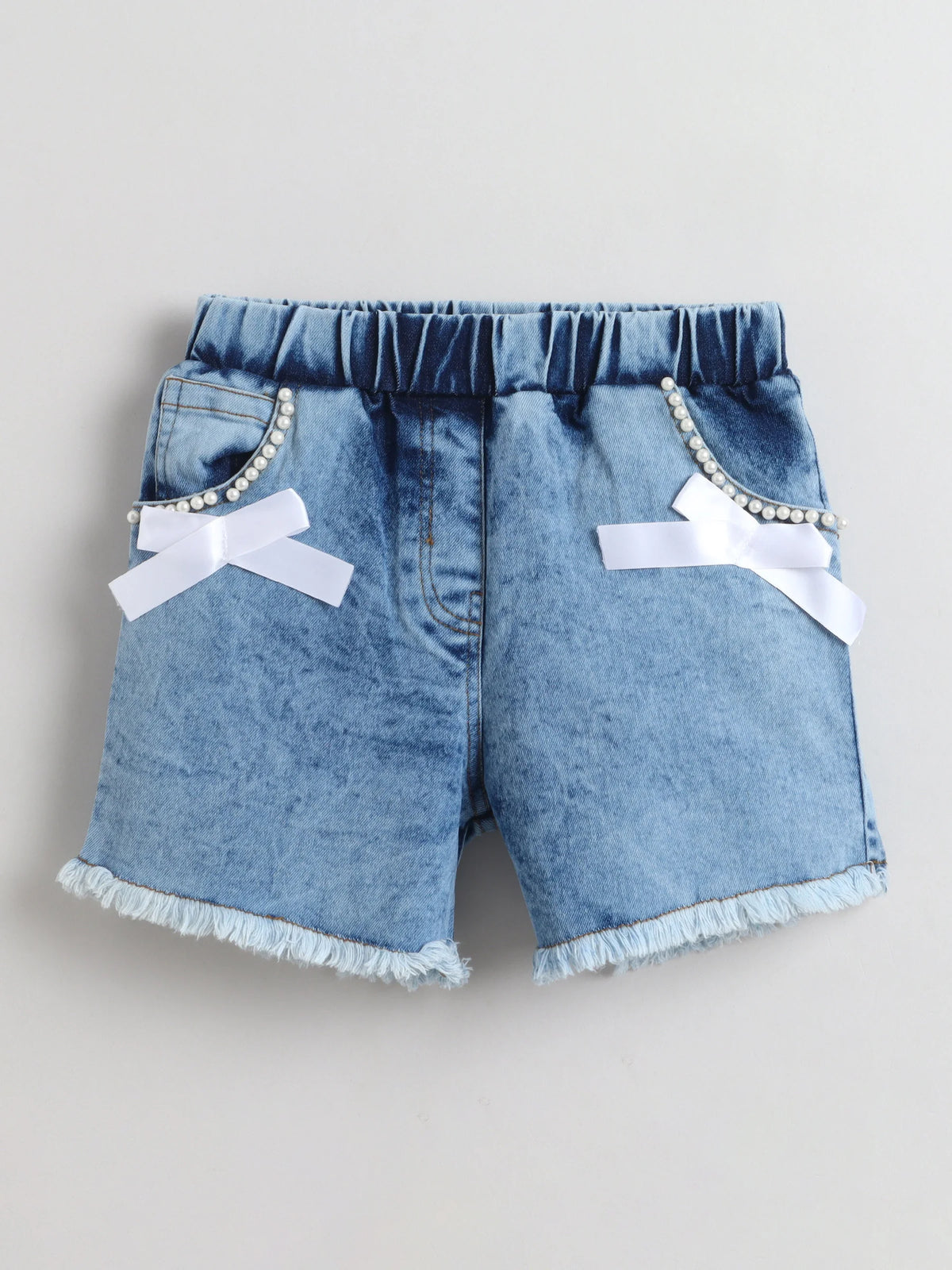 Girls Cotton Co-ord Set Ruffle Sleeve Top & Denim Fray Shorts Clothing Set, Stylish Casual Outfit
