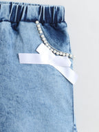 Girls Cotton Co-ord Set Ruffle Sleeve Top & Denim Fray Shorts Clothing Set, Stylish Casual Outfit