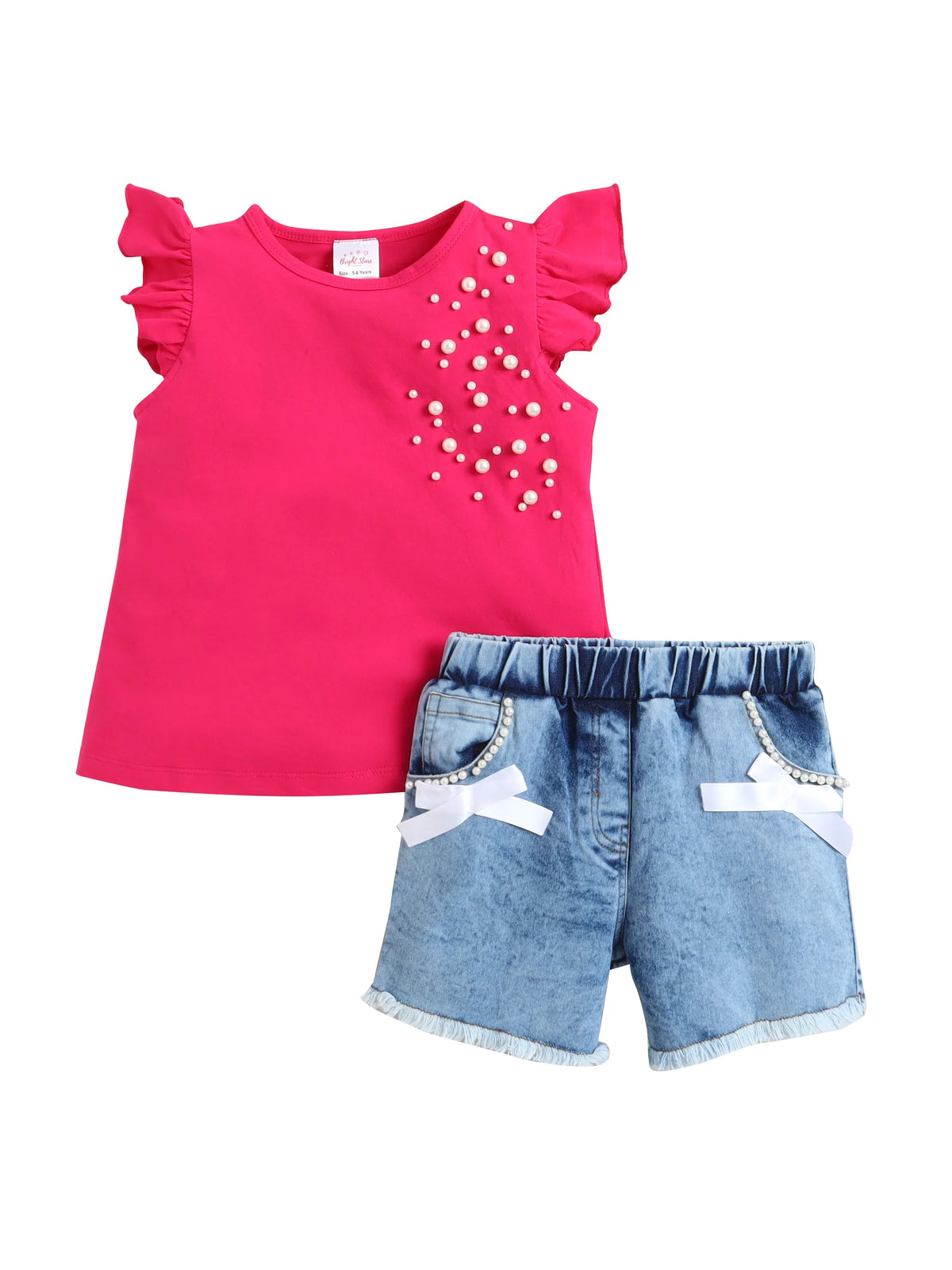Girls Cotton Co-ord Set Ruffle Sleeve Top & Denim Fray Shorts Clothing Set, Stylish Casual Outfit