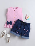 Girls Co-ord Set Cotton Top  Cloud Washed Denim Rabbit-Embroidered Shorts Clothing Set - Trial Product