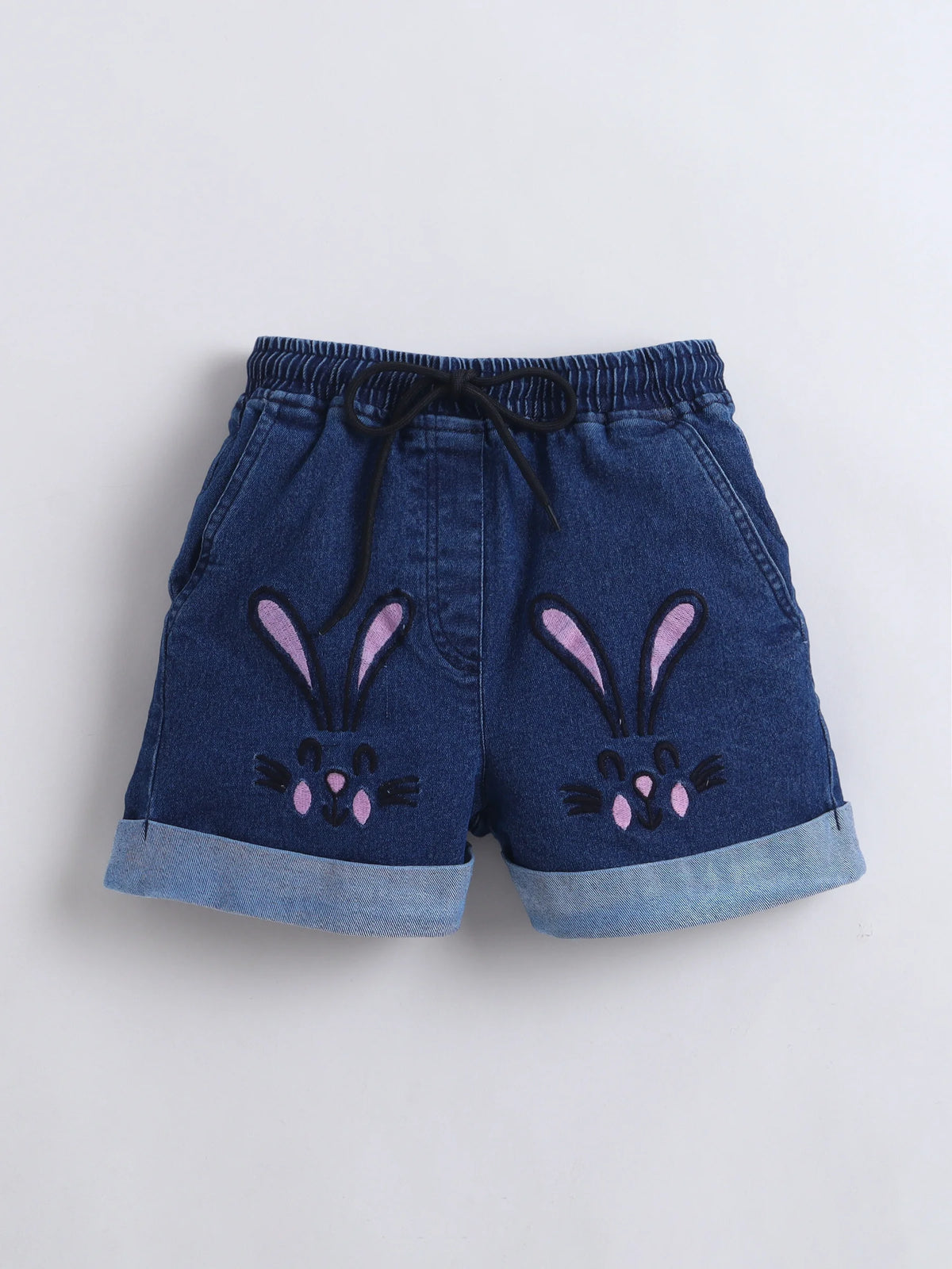 Girls Co-ord Set Cotton Top  Cloud Washed Denim Rabbit-Embroidered Shorts Clothing Set - Trial Product