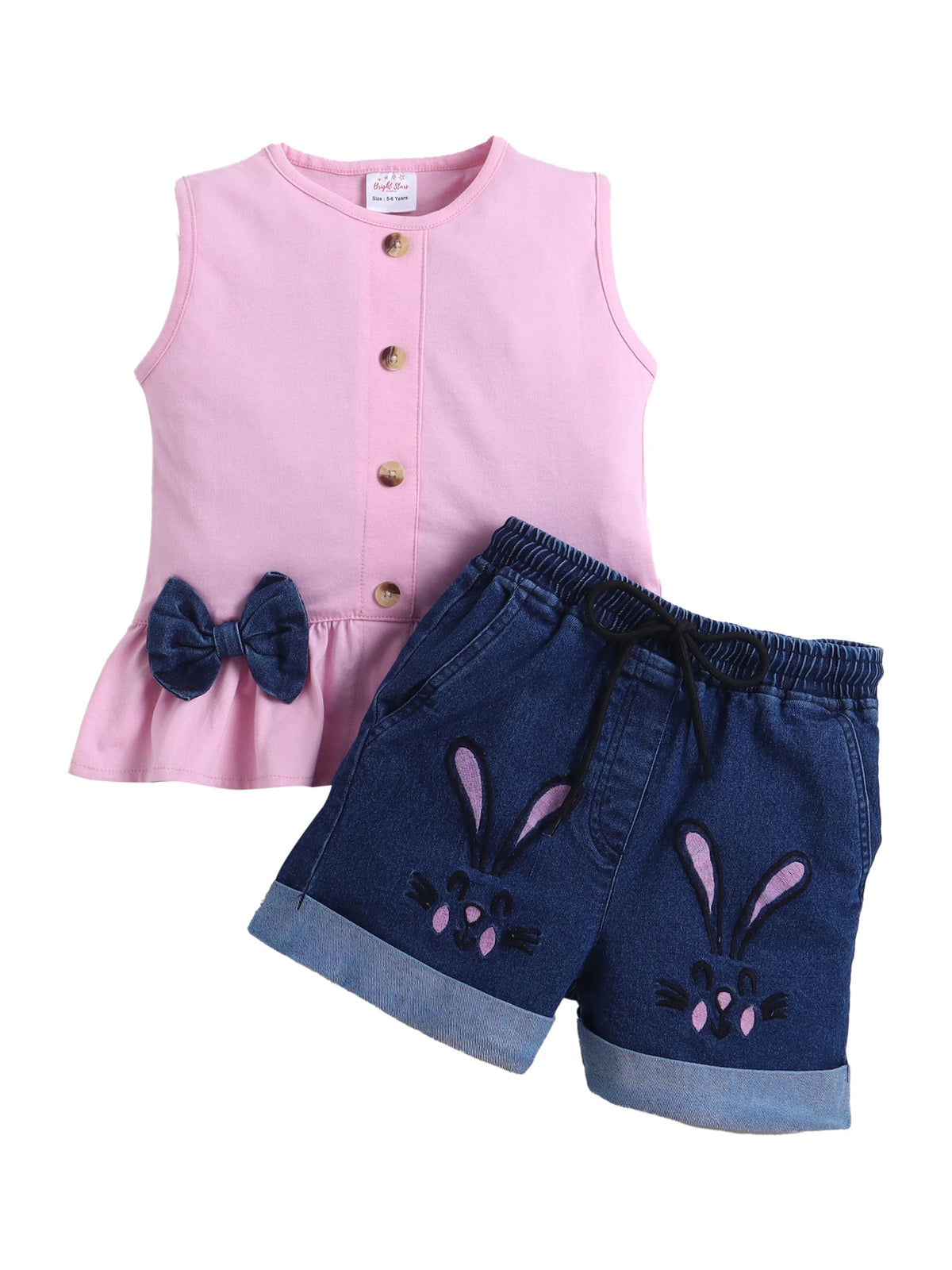 Girls Co-ord Set Cotton Top  Cloud Washed Denim Rabbit-Embroidered Shorts Clothing Set - Trial Product