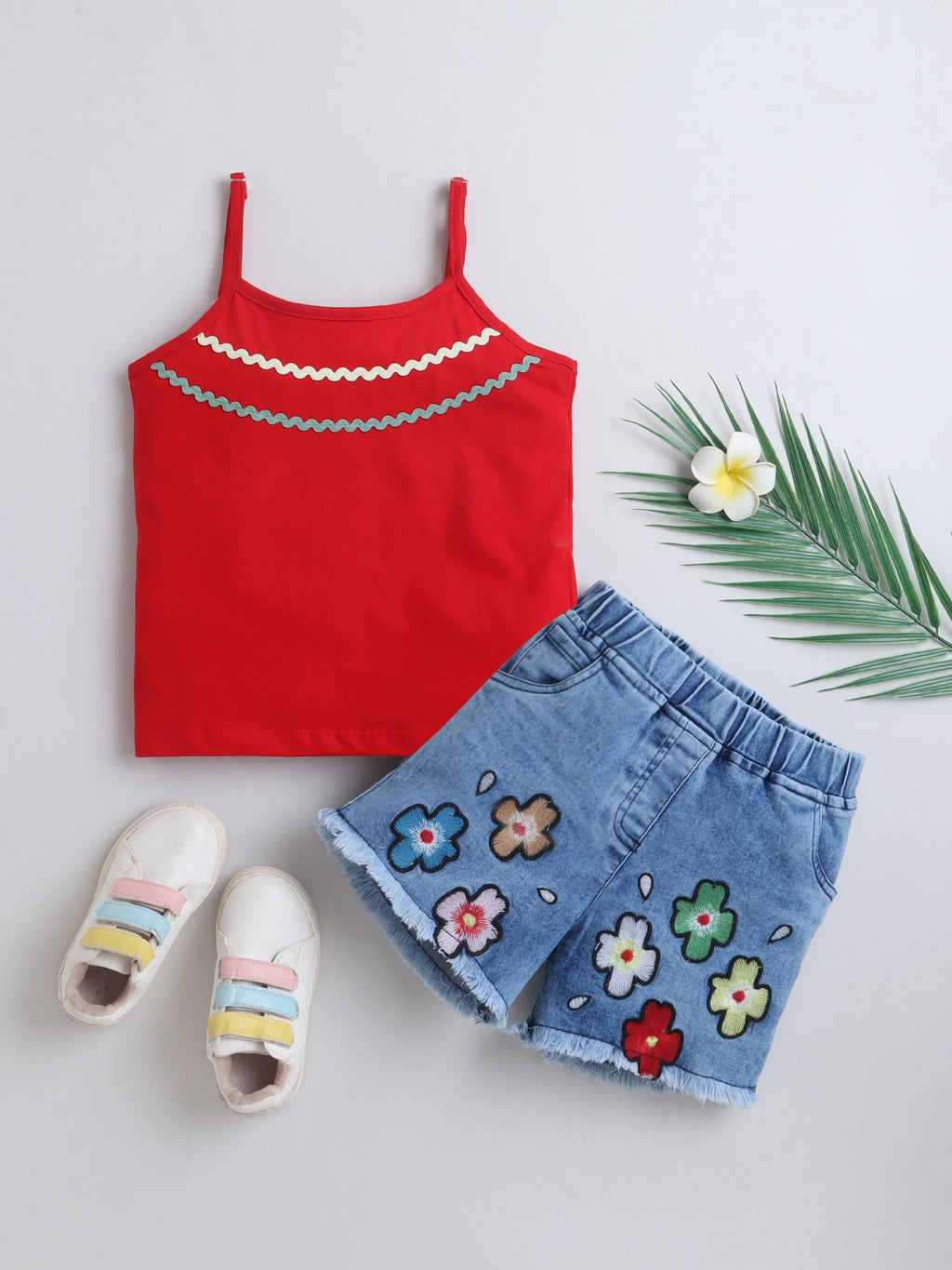 Girls Cotton Co-ord Set Spaghetti Strap Top Denim Shorts Clothing Set Casual Wear
