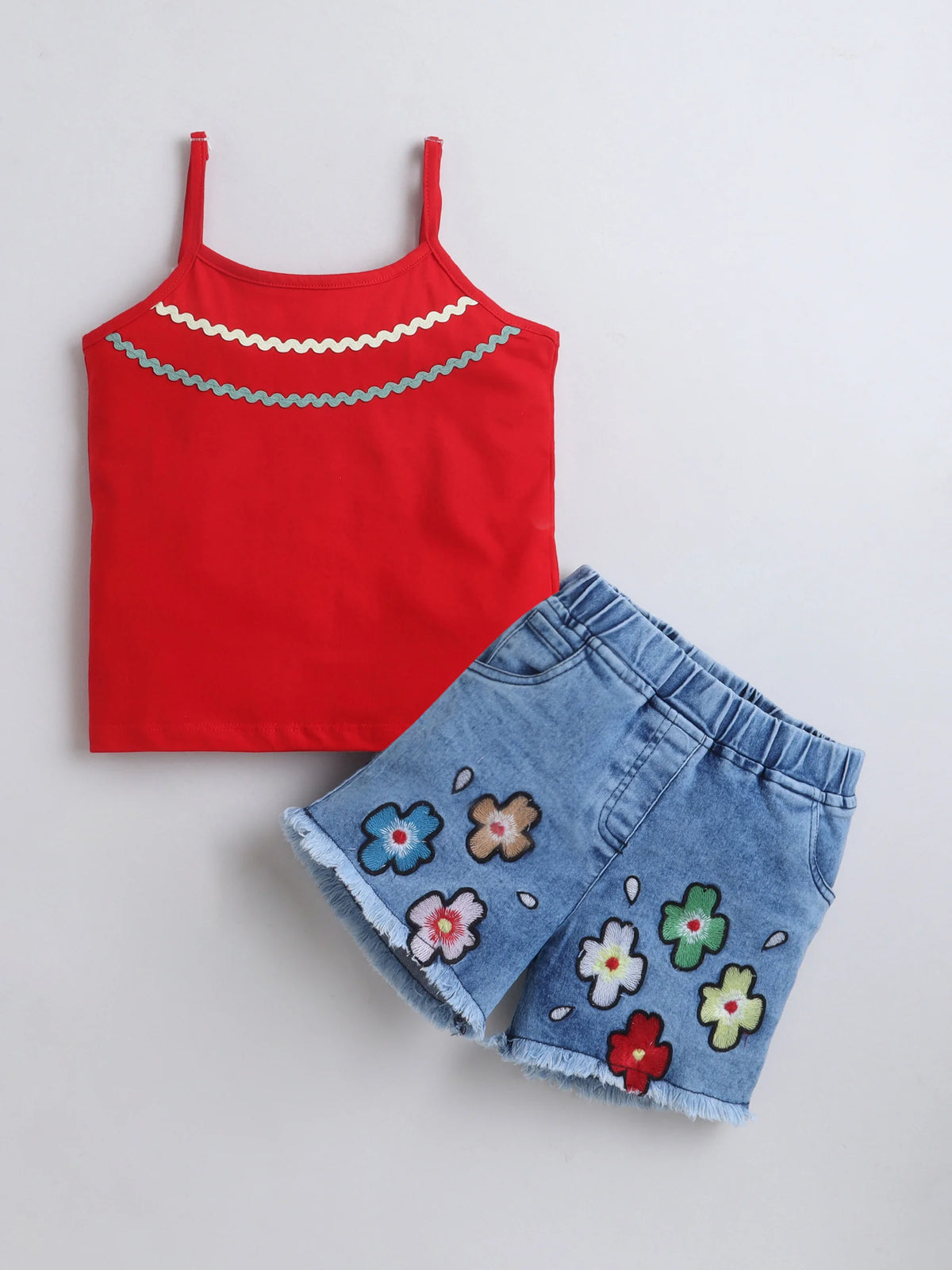 Girls Cotton Co-ord Set Spaghetti Strap Top Denim Shorts Clothing Set Casual Wear
