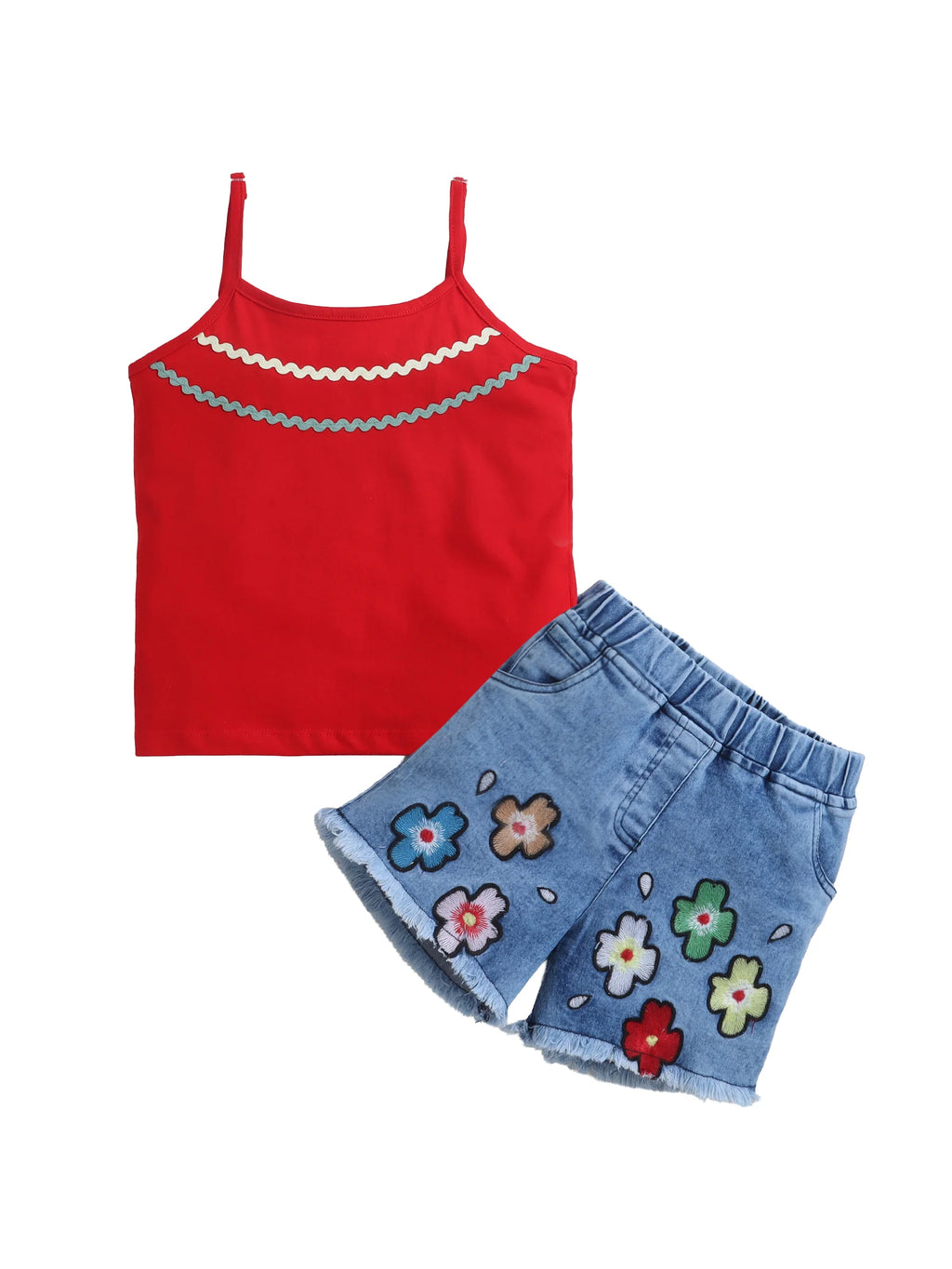 Girls Cotton Co-ord Set Spaghetti Strap Top Denim Shorts Clothing Set Casual Wear