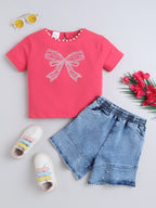 Girls Embellished Cotton Bow Print Tee Top & Flared Denim Shorts Co-Ord Set