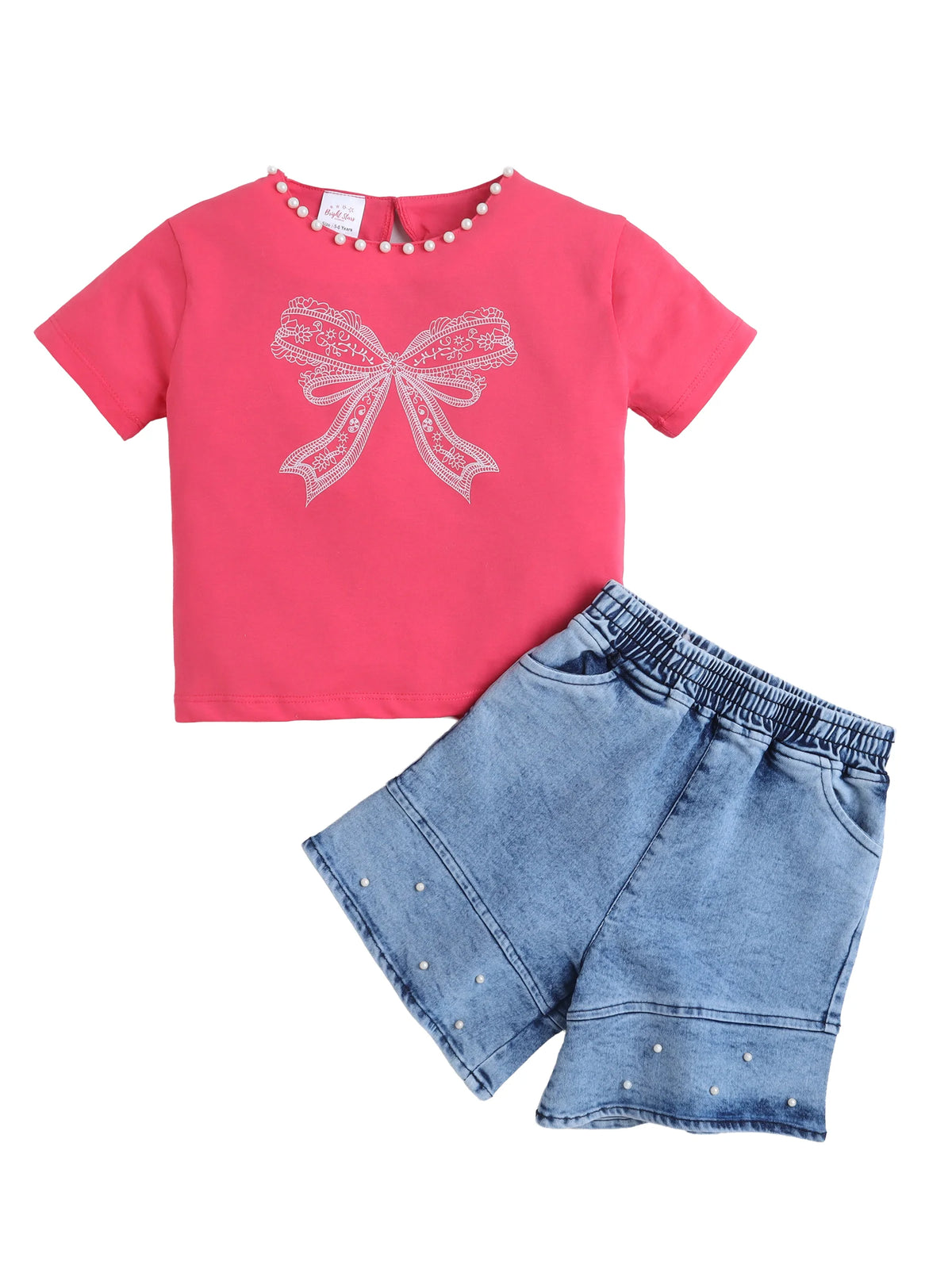 Girls Embellished Cotton Bow Print Tee Top & Flared Denim Shorts Co-Ord Set
