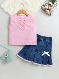 Bright Stars KIDSWEAR Cotton Single Jersey Lace Detailing Tshirt With Pleated Denim Skirt Set - Pink